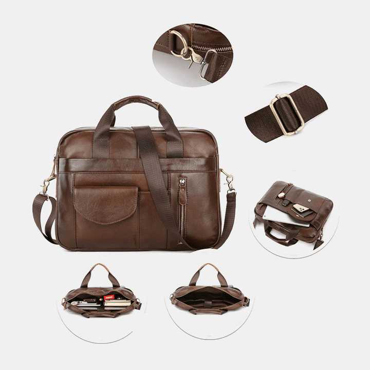 Men Genuine Leather Multi-Pocket Vintage 14 Inch Laptop Bag Briefcases Crossbody Bag Shoulder Bag Handbag - MRSLM
