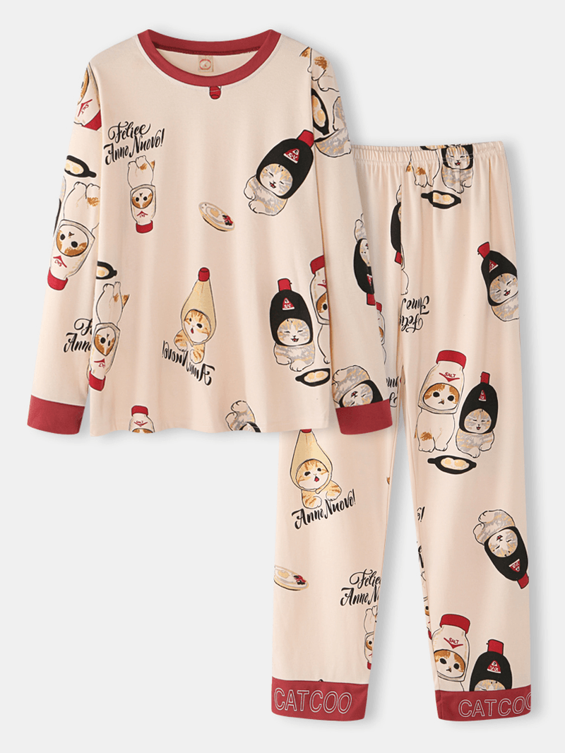 Women Cute Cartoon Cats Print O-Neck Cotton Long Sleeve Loose Home Pajamas Sets - MRSLM