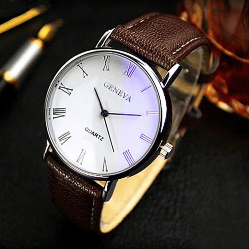 GENEVA Business Casual Simple Roman Numeral Dial PU Leather Strap Men Quartz Watch Wristwatch - MRSLM