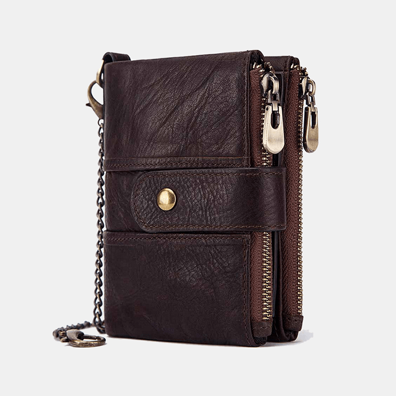 Men Genuine Leather RFID Anti-Magnetic Multi Card Slot Solid Color Casual Zipper Card Holder Wallet Purse with Chain - MRSLM