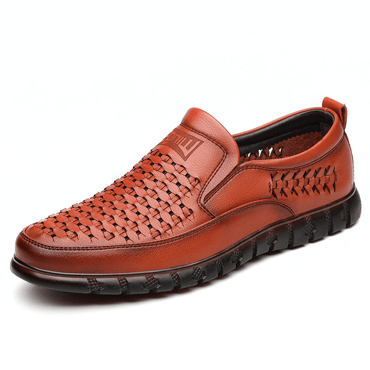 Men Microfiber Breathable Hollow Out Woven Soft Sole Comfy Slip on Casual Shoes - MRSLM