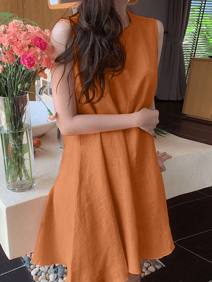 Women Cotton Solid Color round Neck Sleeveless Casual Midi Dress - MRSLM