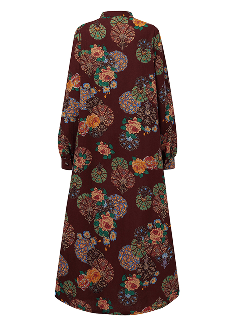 Women Retro Floral Print O-Neck Button Robe Shirt Maxi Dress with Pocket - MRSLM