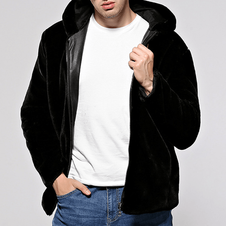 Mens Winter Warm Hooded Zipper Faux Fur Coat Jacket - MRSLM