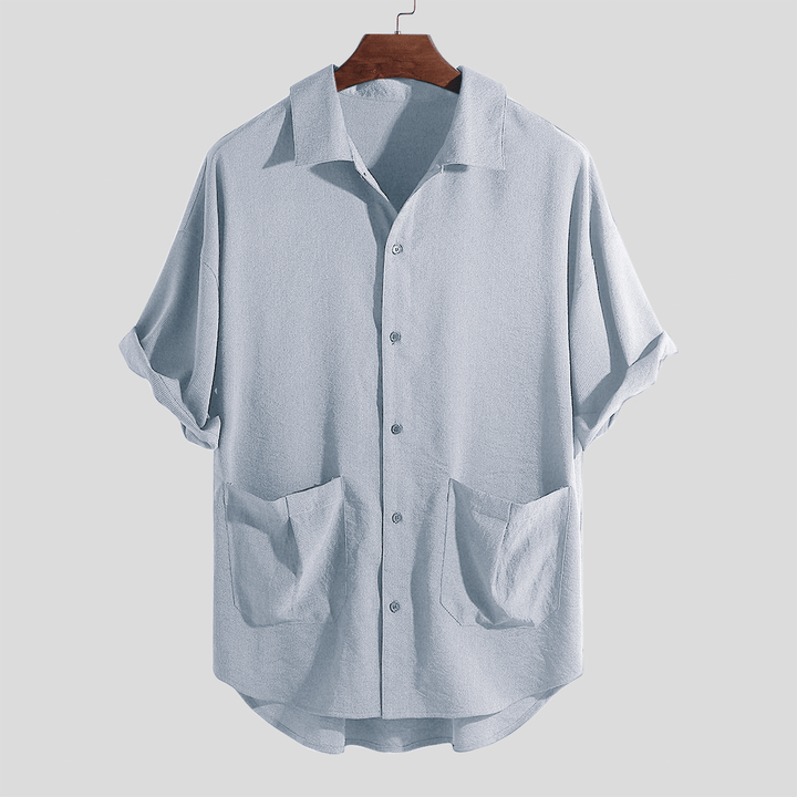 Men Dual Pockets Turn down Collar Half Sleeve Shirts - MRSLM