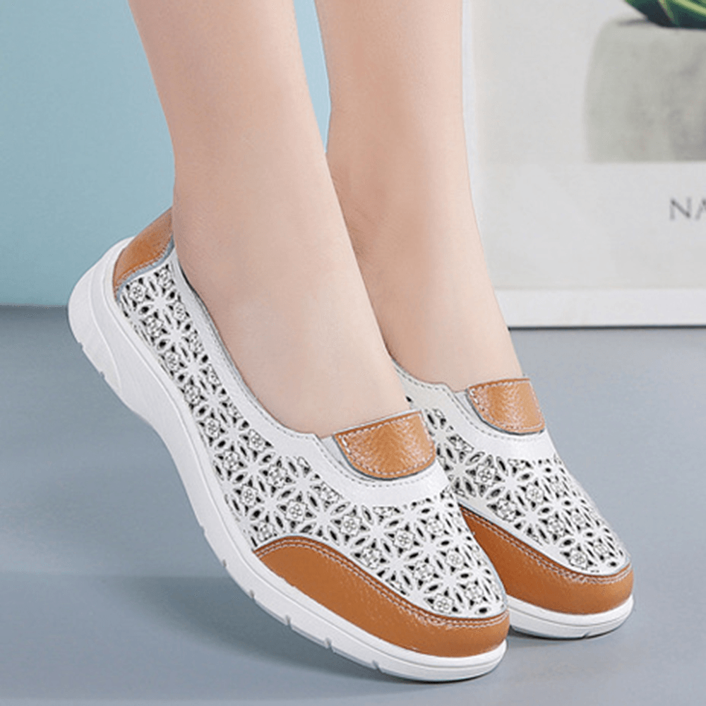 Women Hollow Leather Slip on Solid Color Soft Sole Flats - MRSLM