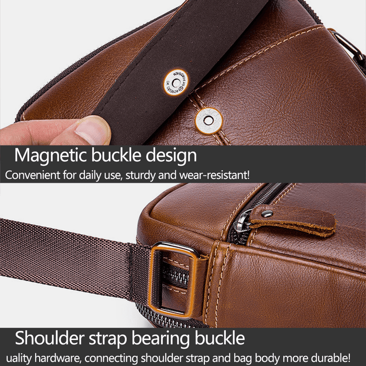 BULLCAPTAIN Men First Layer Cowhide Multi-Pocket Crossbody Bag Retro Large Capacity Back Anti-Theft Pocket Shoulder Bag - MRSLM