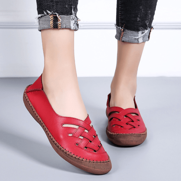 Women Genuine Leather Breathable plus Size Hollow Spring Casual Flats Loafers - MRSLM