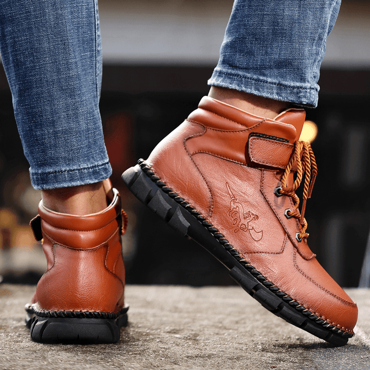 Menico Men Cowhide Leather Lace up Non Slip Hand Stitching Driving Ankle Boots - MRSLM