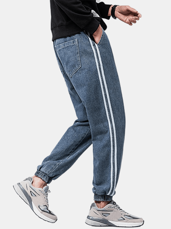 Mens Side Stripe Casual Drawstring Elastic Ankle Washed Denim Pants with Pocket - MRSLM