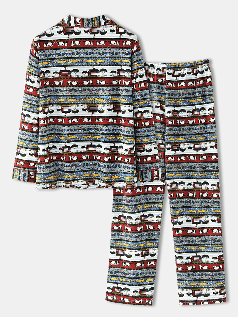Women Christmas Allover Animal Print Lapel Cotton Double Pocket Long Pajamas Set - MRSLM