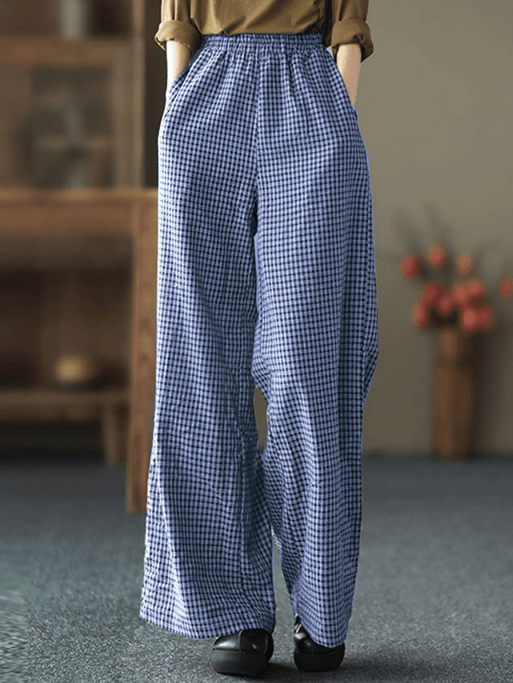 Women Plaid Wide-Legged Elastic Waist Side Pocket Ankle Length Loose Pants - MRSLM