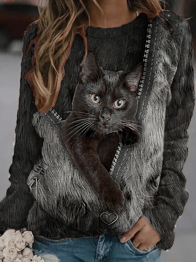 Women Black Cat Print Long Sleeves O-Neck Casual Sweatshirt - MRSLM