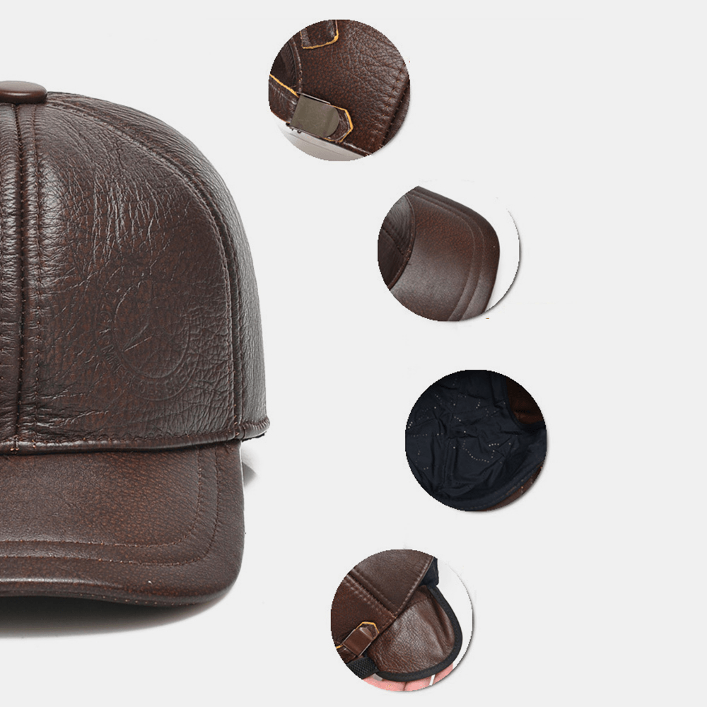 Men Genuine Leather plus Thickness Winter Outdoor Keep Warm Ear Protection Casual Outdoor Baseball Hat - MRSLM