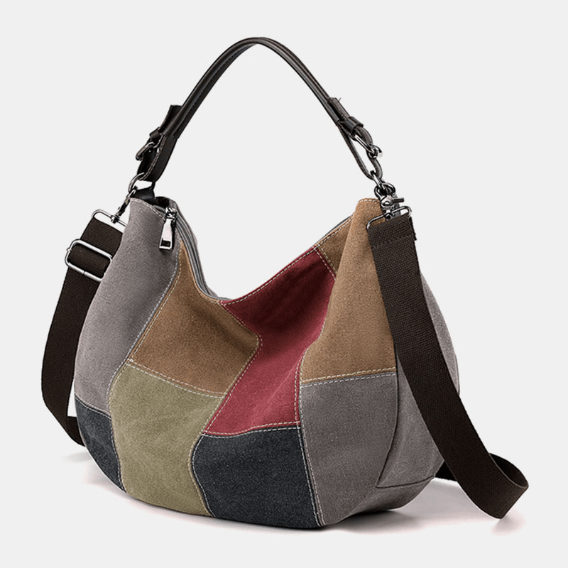 Women Vintage Large Capacity Color Matching Canvas Handbag Crossbody Bag Casual Shoulder Bag - MRSLM