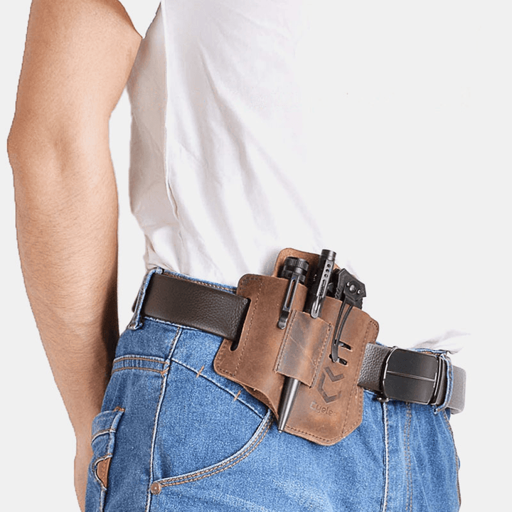 Men Genuine Leather EDC Belt Loop Waist Multitool Sheath Belt Bag - MRSLM
