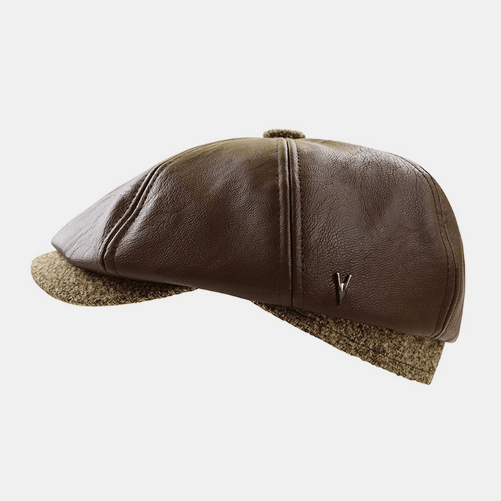 Men Faux Leather Retro Casual Solid Color Ear Protection Forward Hat Octagonal Hat Beret Cap - MRSLM