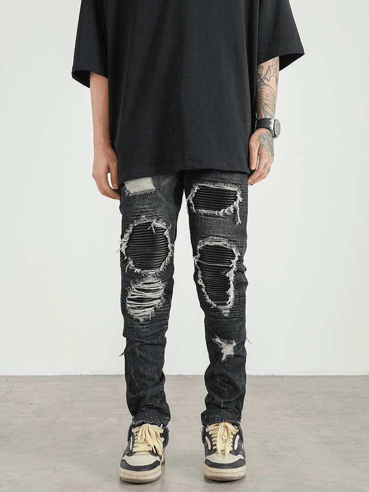 Men Ripped Patch PU and Leather Zipper Jeans - MRSLM