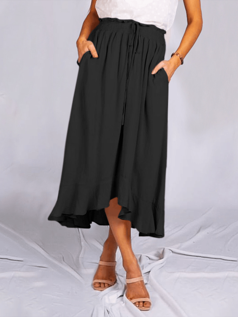 Women Solid Color Drawstring Shirred Waist Casual Skirts with Pocket - MRSLM
