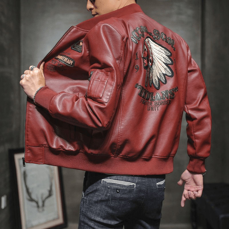 Men'S PU Leather Baseball Collar Embroidered Motorcycle Jacket - MRSLM