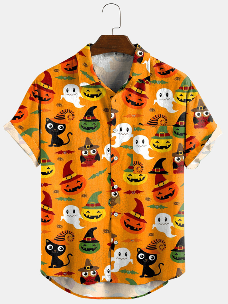 Mens Halloween Pumpkin Cartoon Light Short Sleeve Casual Shirts - MRSLM