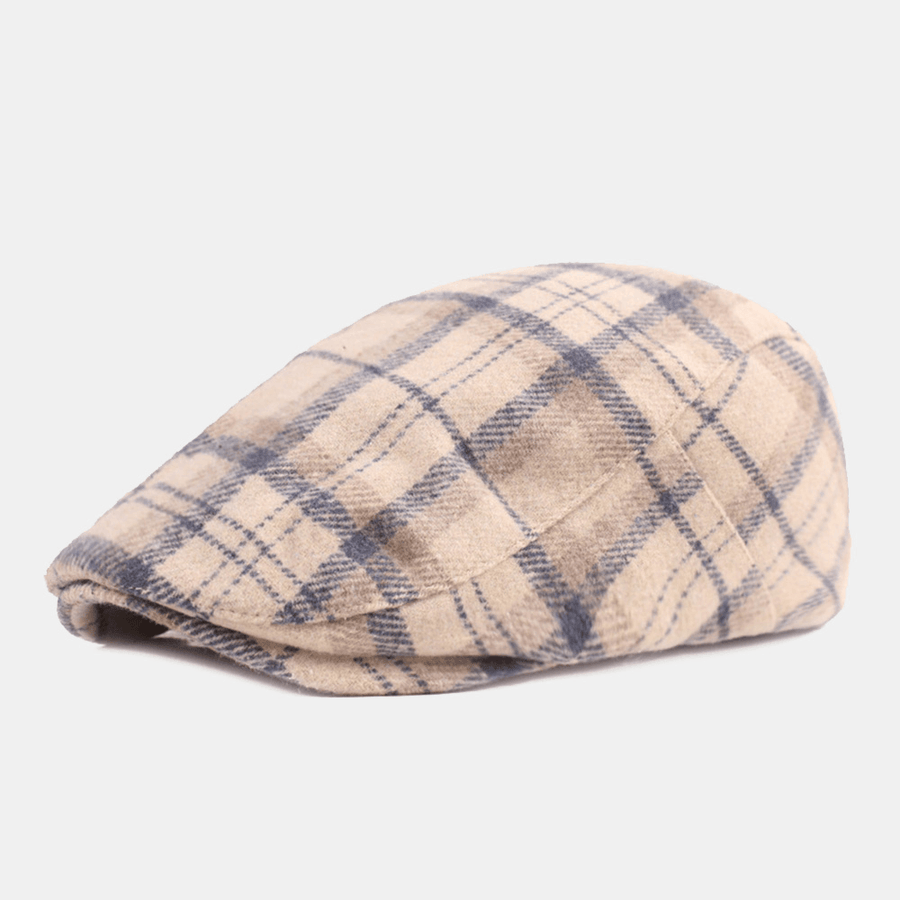 Men Cotton Lattice Pattern Thicken Warmth Casual Forward Hat Beret Flat Cap - MRSLM
