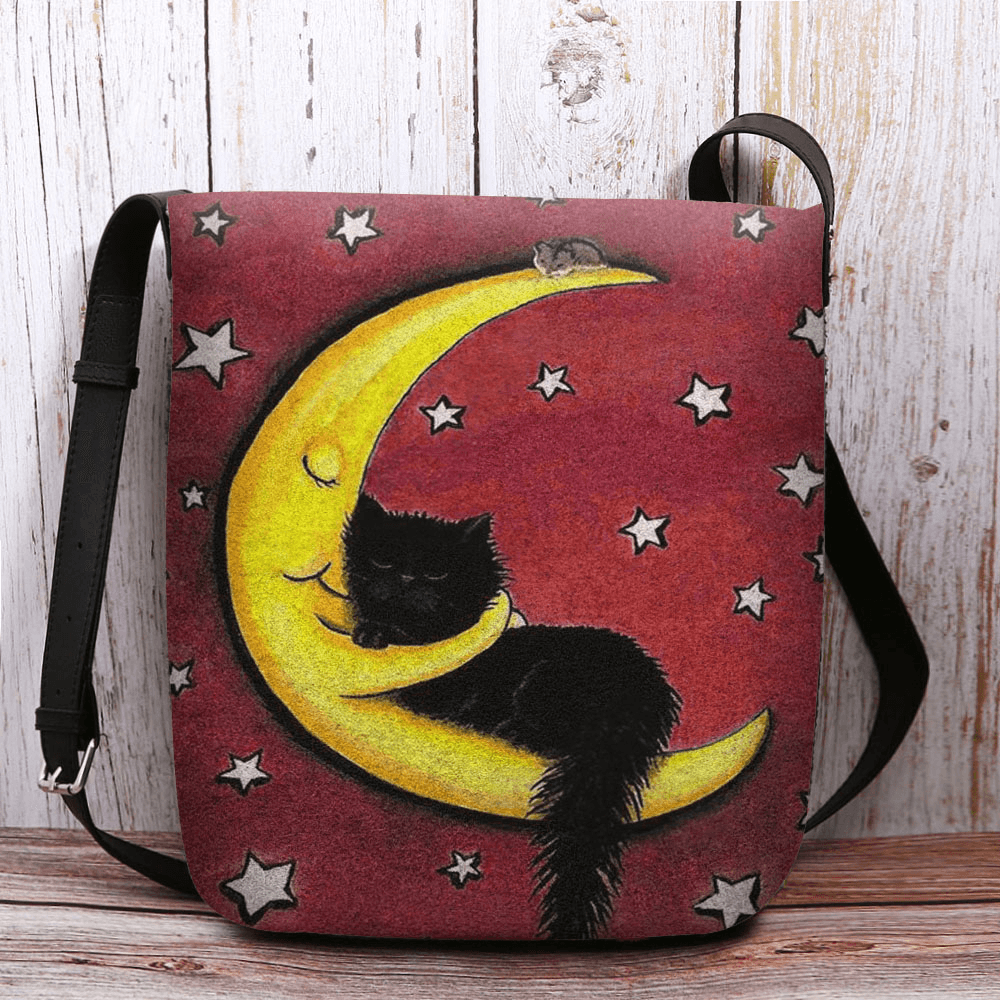 Women Felt Cat Moon Starry Sky Pattern Printing Crossbody Bag Shoulder Bag - MRSLM