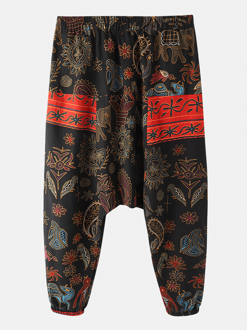 Mens 100% Cotton Design Ethnic Style Pattern Pocket Black Drop-Crotch Pants - MRSLM