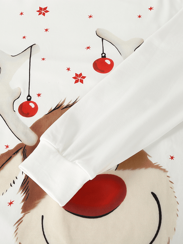 Mens Christmas Cartoon Elk Print round Neck Top Plaid Pants Home Loose Pajamas Set - MRSLM