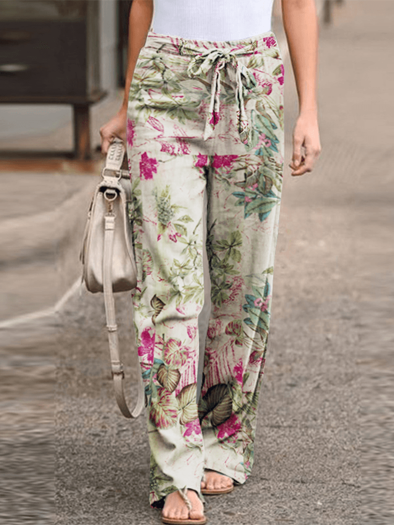 Women High Elastic Waist Floral Print Belted Side Pocket Vintage Pants - MRSLM