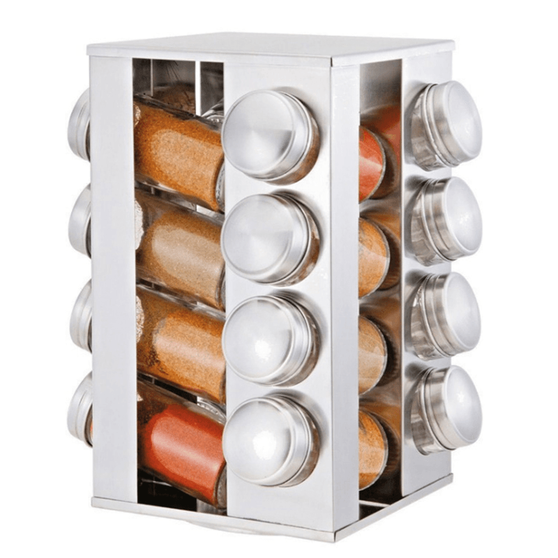 360° Stainless Steel Rotating Spice Rack Container with 16 Glass Jar Counter Kitchen Organizer Kitchen Storage - MRSLM