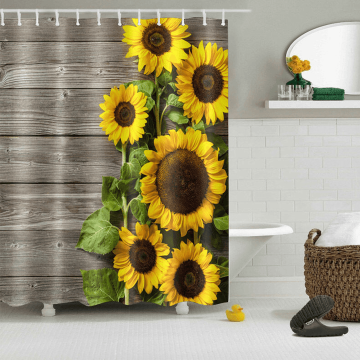 Sunflower Waterproof Bathroom Shower Curtain Non-Slip Anti-Rust Mat Set - MRSLM