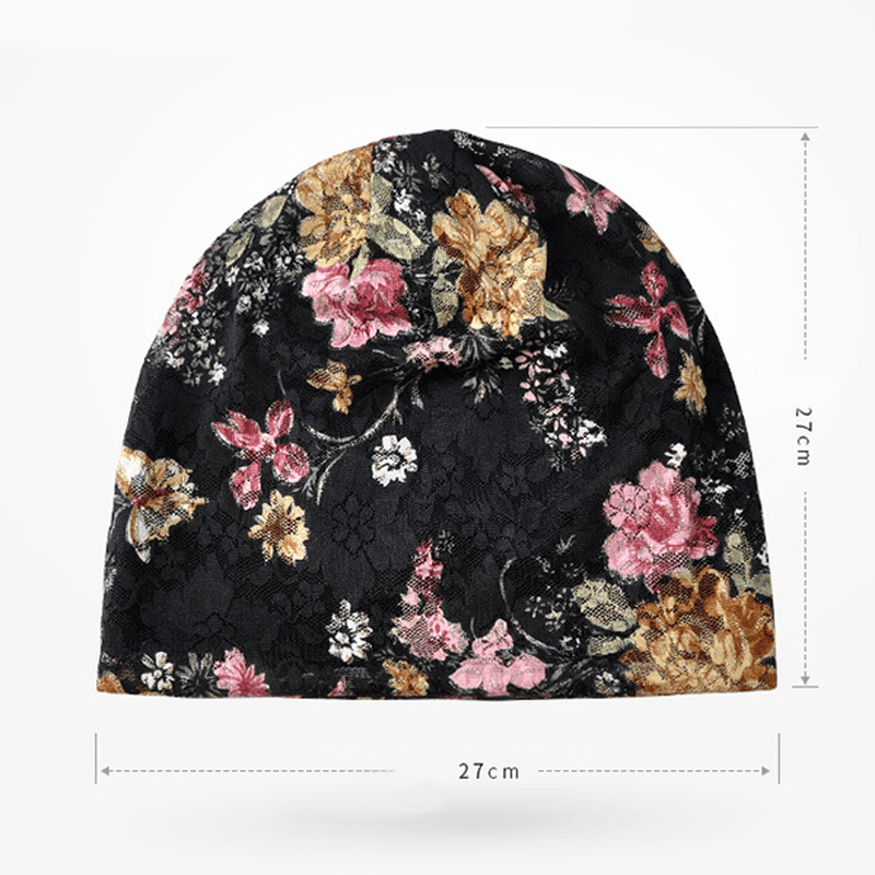 Women Flowers Cotton Lace Beanie Hat Ethnic Vintage Good Elastic Breathable Turban Caps - MRSLM