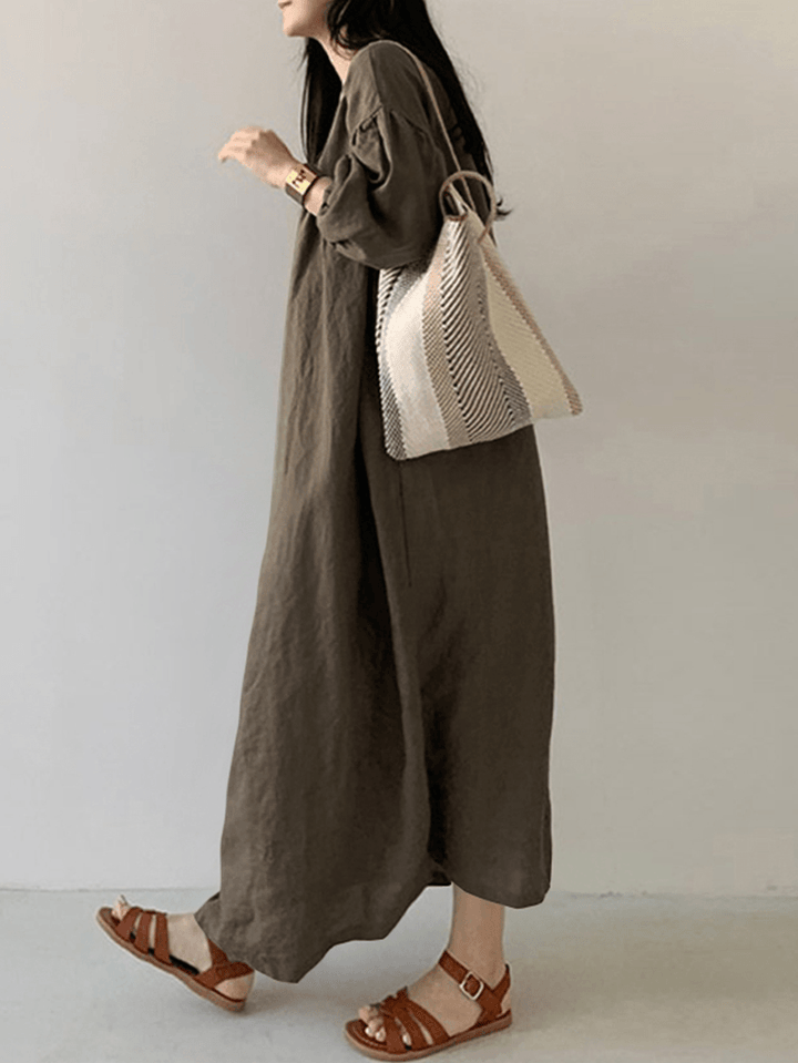 Women Cotton Solid Pleated Loose Puff Sleeve Maxi Dresses with Side Pockets - MRSLM