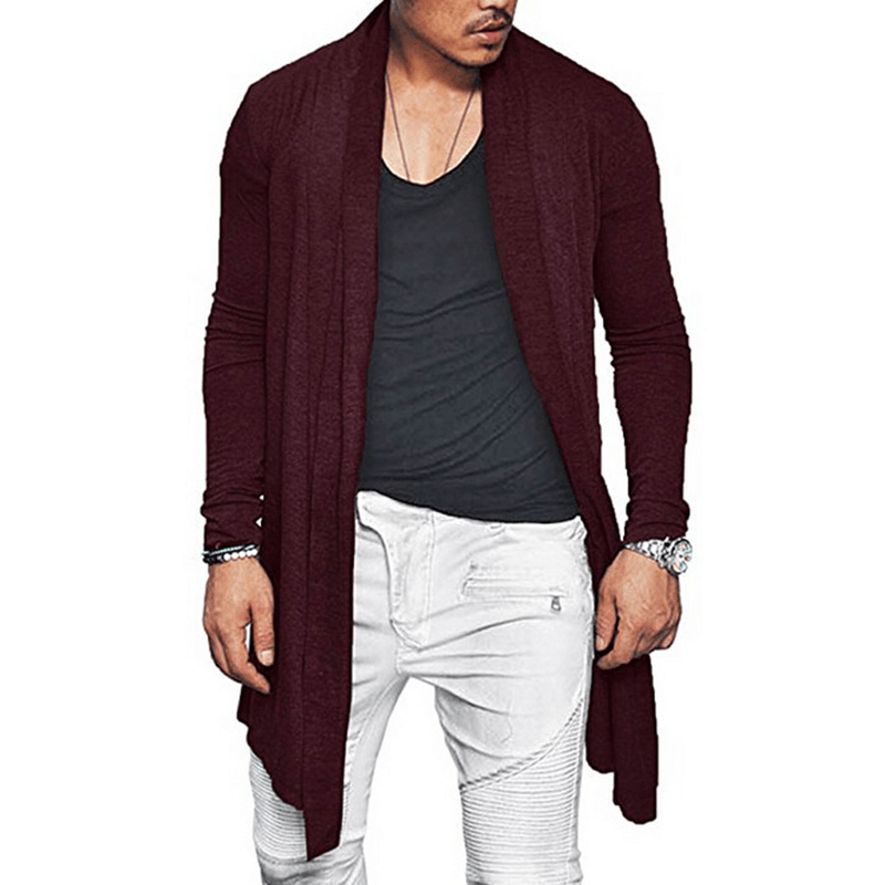 Mens Spring Fall Mid Long Solid Color Casual Cardigans with Pocket Jacket - MRSLM