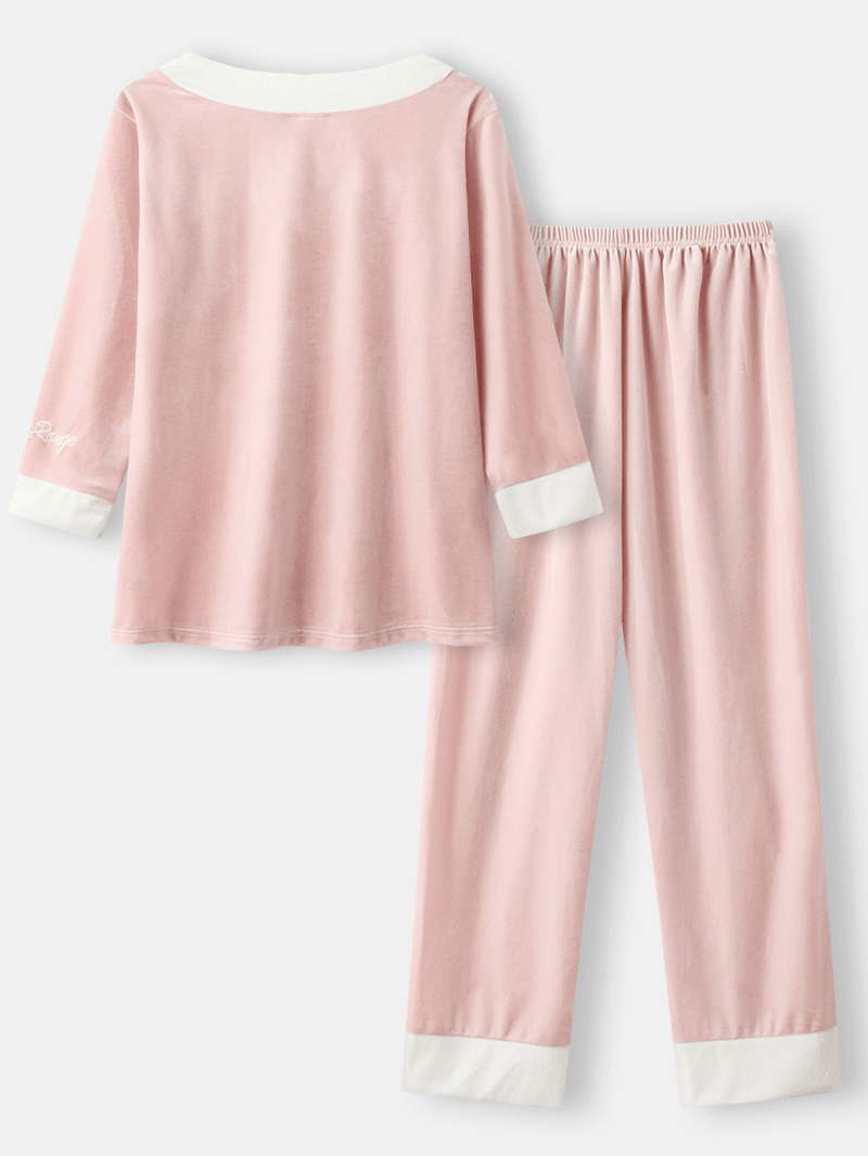Women Velour Contrast V-Neck Letter Embroidery Cuff Cozy Pajamas Sets - MRSLM