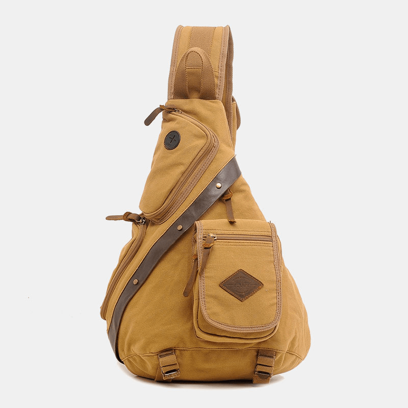 Men Genuine Leather and Canvas Travel Outdoor Carrying Bag Multi-Pocket Crossbody Bag Chest Bag - MRSLM