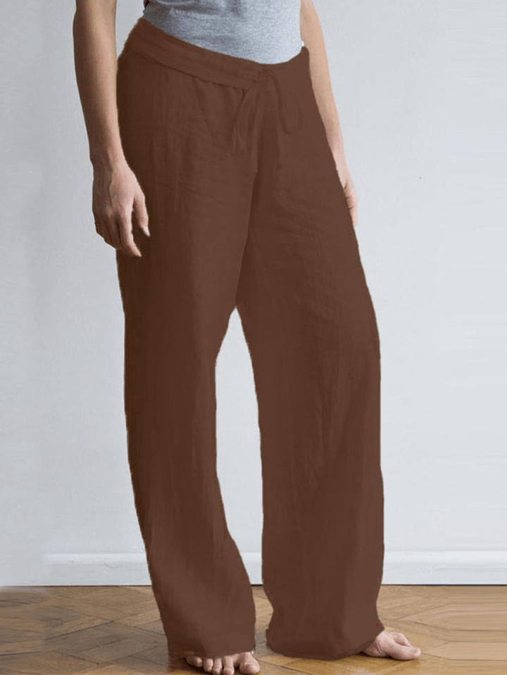 Women Elastic Waist Pockets Long Cotton Wide Leg Pants - MRSLM