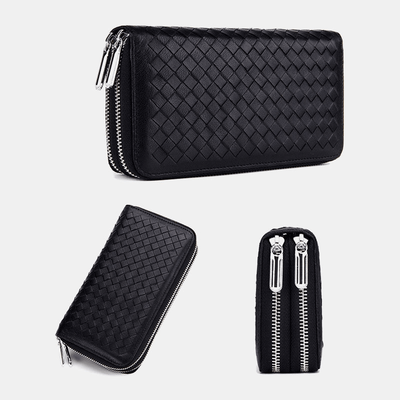Men Women Large-Capacity Long Wallet RFID Lambskin Genuine Leather Double Zipper Woven Wallet - MRSLM