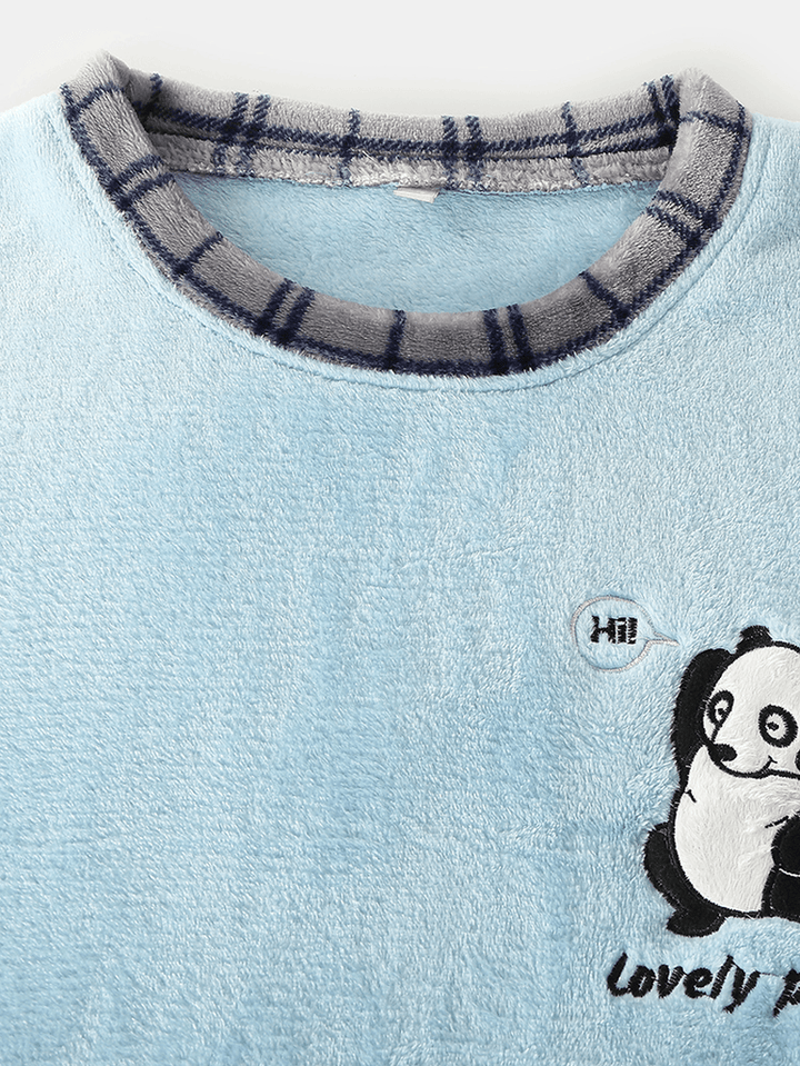 Mens Cute Panda Letter Embroidery Grid Stitching O-Neck Flannel Warm Pajamas Sets - MRSLM