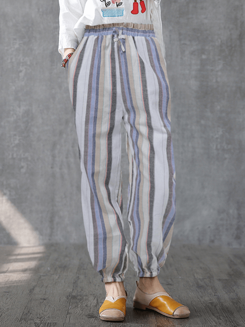 Women Casual Striped Elastic Waist Trousers Pants - MRSLM