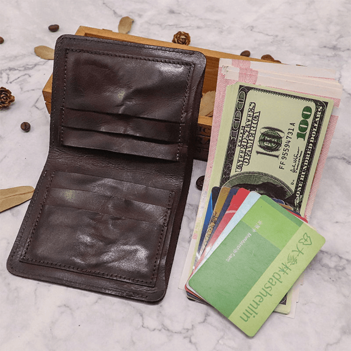 Men Bifold Vertical Cowhide Fold Wallet Retro Multi-Card Slot Card Holder Money Clip Mini Coin Purse - MRSLM