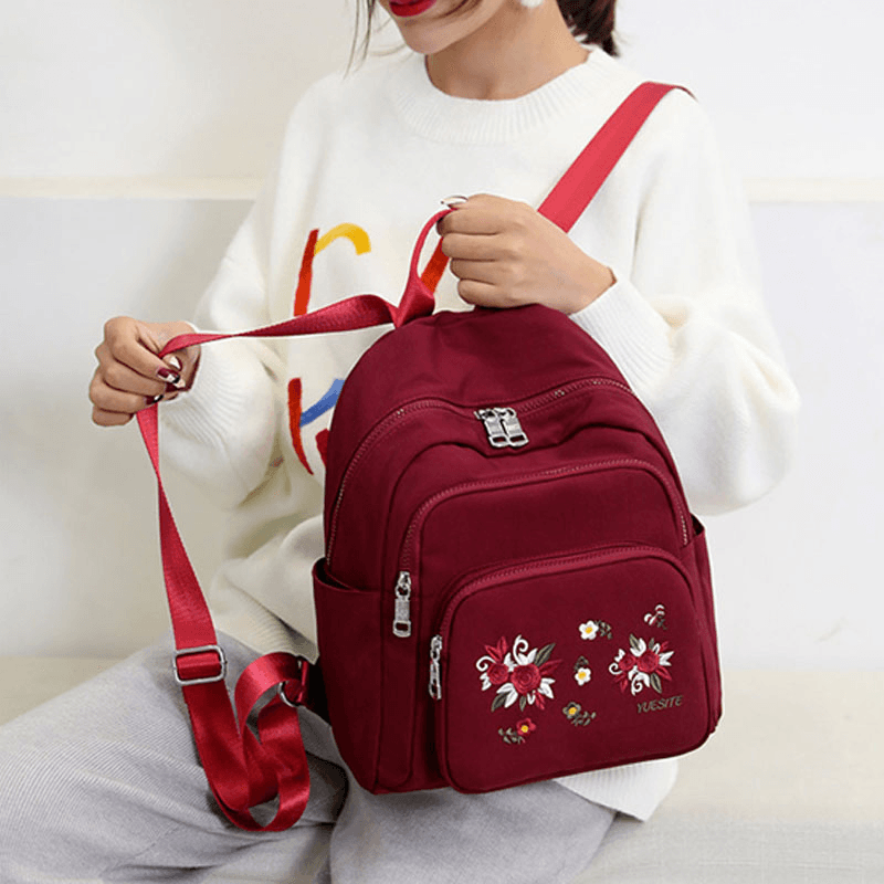 Women Nylon Waterproof Floral Casual Embroidered Backpack - MRSLM