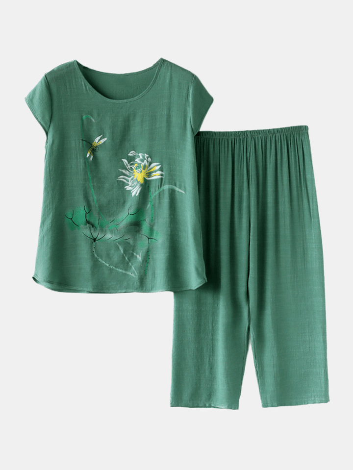 Women Plants Print plus Size Pajamas Soft Breathable Summer Loungewear - MRSLM