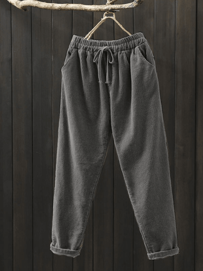Women Corduroy Solid Simple Vintage Drawstring Elastic Waist Pants - MRSLM