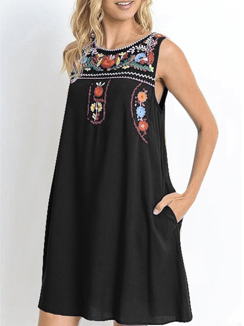 Flower Embroidery Crew Neck Sleeveless Loose Midi Dress with Pockets - MRSLM