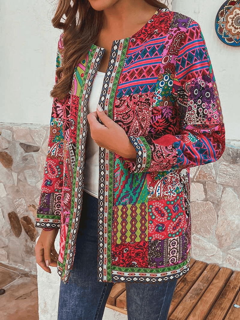 Ethnic Style Vintage Floral Printed Long Sleeve Coats for Women - MRSLM