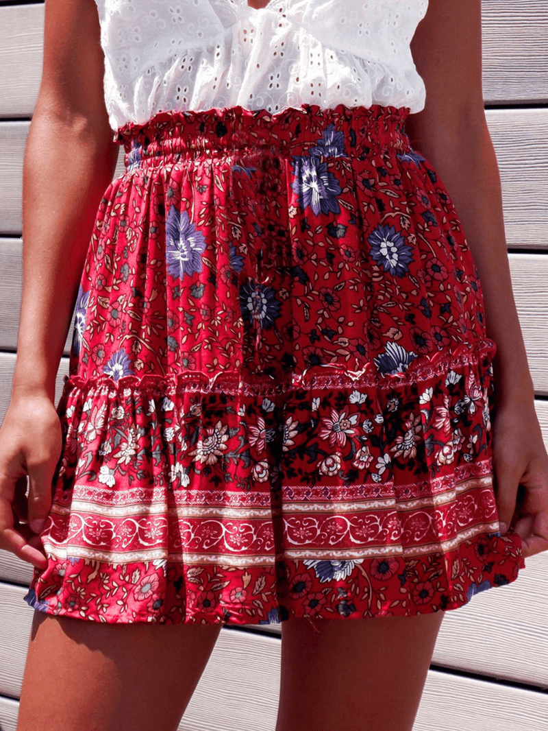 Ethnic Women Elastic Waist Floral Ruffle Pleated Printed Mini Short Skirts - MRSLM