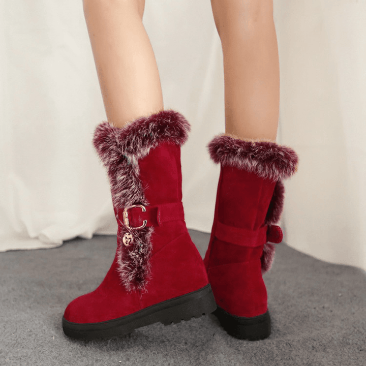 Plus Size Women Winter Plush Lining Buckle Decor Increased Heel Snow Boots - MRSLM