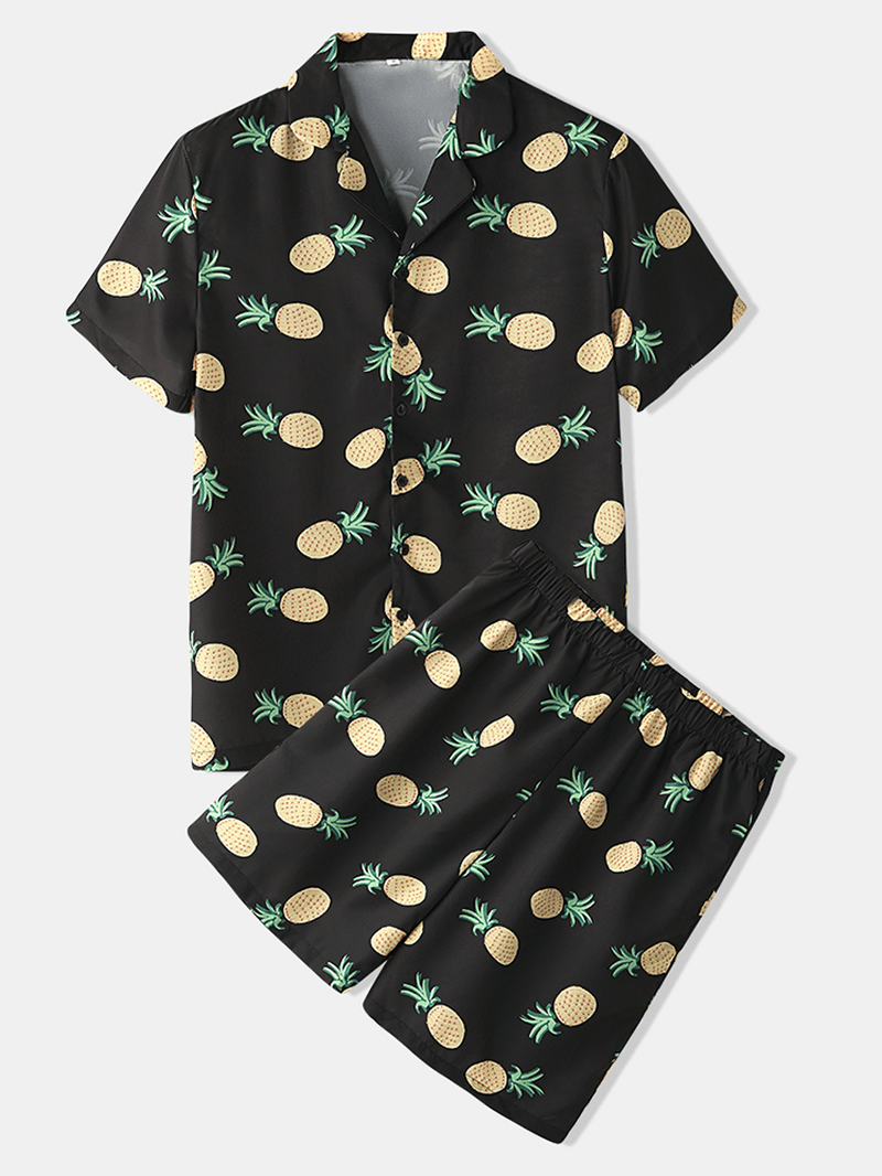 Men Funny Cartoon Pineapple Print Black Pajama Set Summer Home Sleepwear - MRSLM